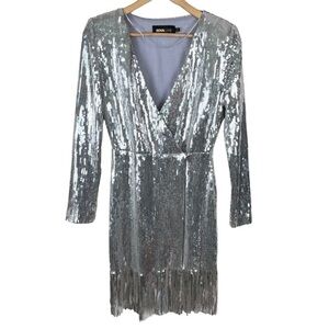 Nova Luxe Women’s Silver Sequined Fringe Party Evening Dress Size Small